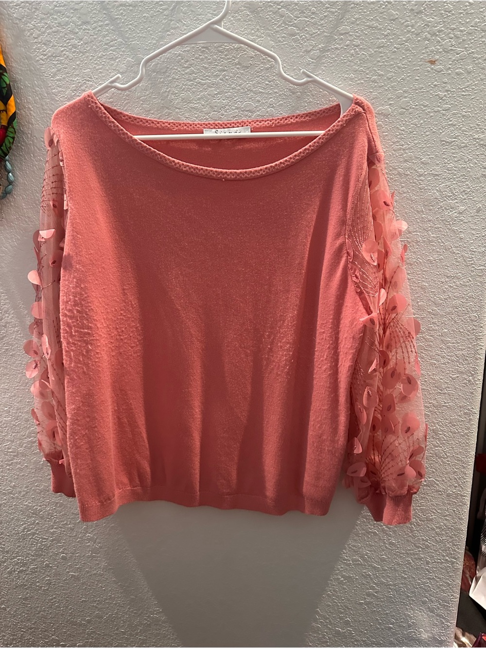 Women’s Crewneck Sweater with Floral-Embellished Sleeves - Pink